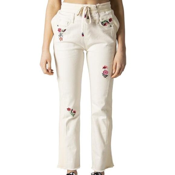 Desigual Pants - Desigual Cream Ecru Floral Embroidered Jogger Lita Raw Hem Jeans size S NEW Tags